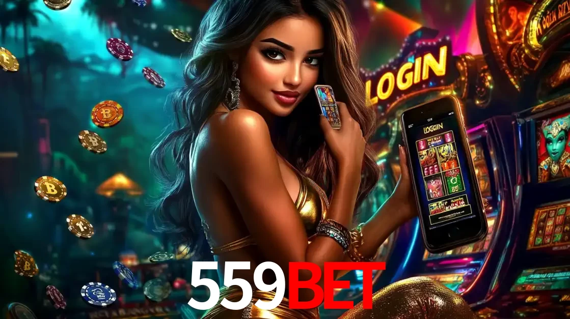 Mulher em um cenário de cassino temático de aventura, mostrando o app de caça-níqueis da 559bet no celular. Fichas de apostas flutuam ao redor.