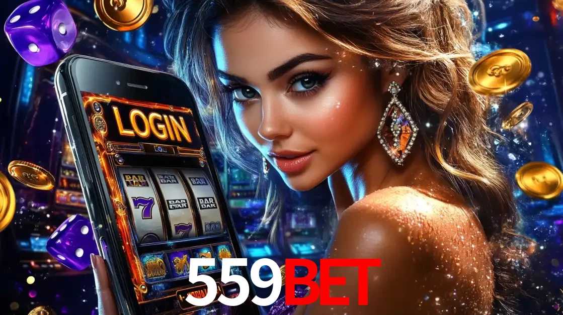 Mulher glamorosa segurando um smartphone com a tela de login para os jogos de caça-níqueis do cassino online 559bet, com moedas de ouro e dados ao redor.