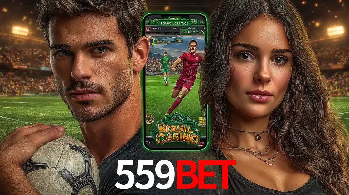 Homem segurando uma bola de futebol e uma mulher ao lado de um smartphone exibindo o jogo de apostas esportivas da 559bet. Faça seu palpite no cassino online.